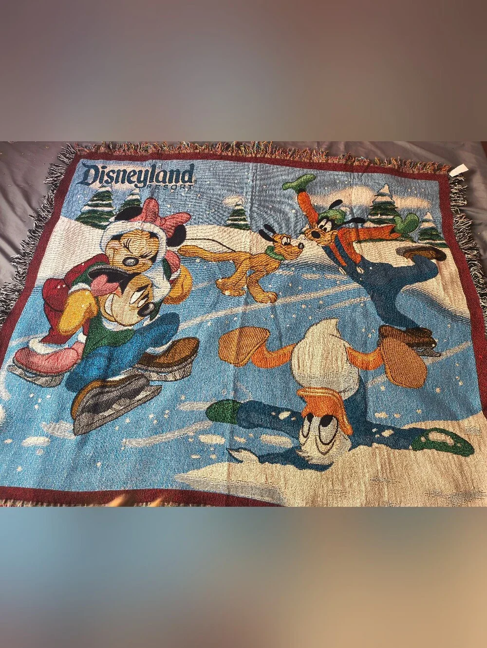 Vtg Disneyland Resort Mickey & Friends Ice Skating Woven Tapestry Blanket